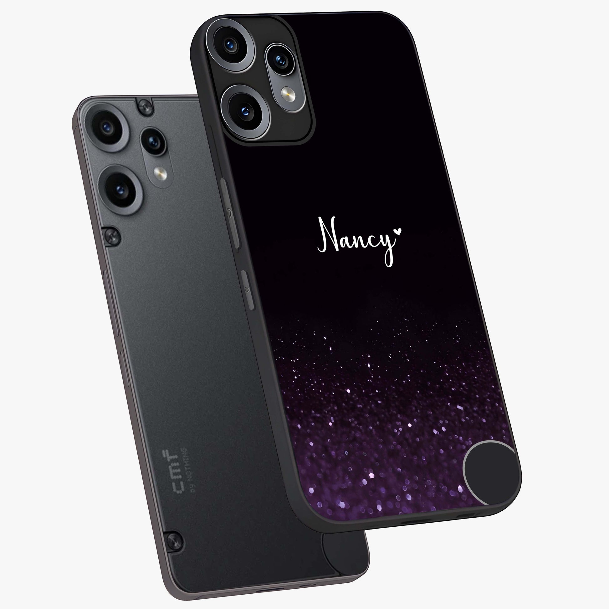 Glittery Purple Bokeh Custom Name Glass Case displayed in angled mockup highlighting glitter bokeh pattern with custom name feature.