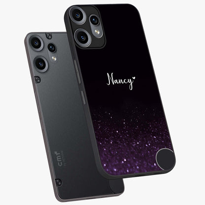 Glittery Purple Bokeh Custom Name Glass Case displayed in angled mockup highlighting glitter bokeh pattern with custom name feature.