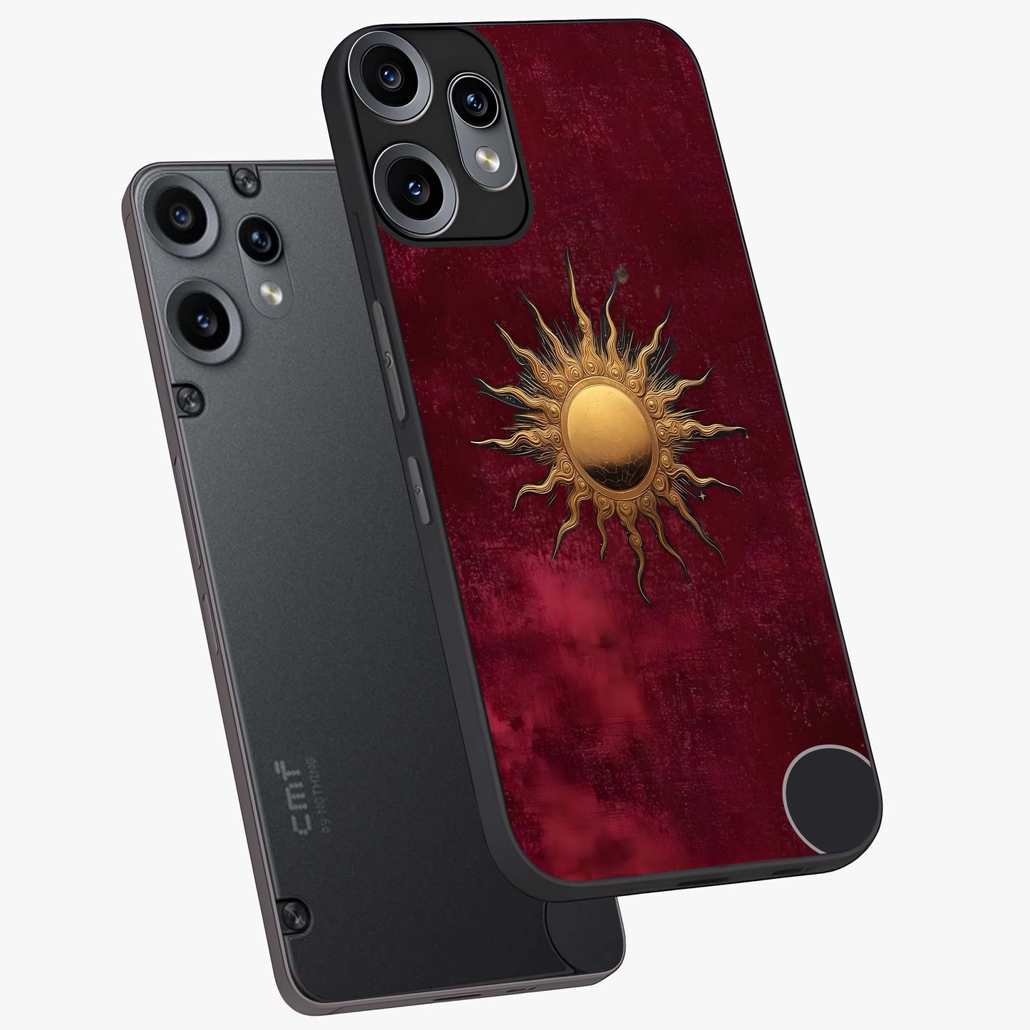Golden Sun Minimalism Glass Case displayed in angled mockup highlighting clean sun symbol design with modern minimal aesthetic.