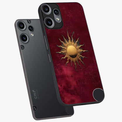 Golden Sun Minimalism Glass Case displayed in angled mockup highlighting clean sun symbol design with modern minimal aesthetic.