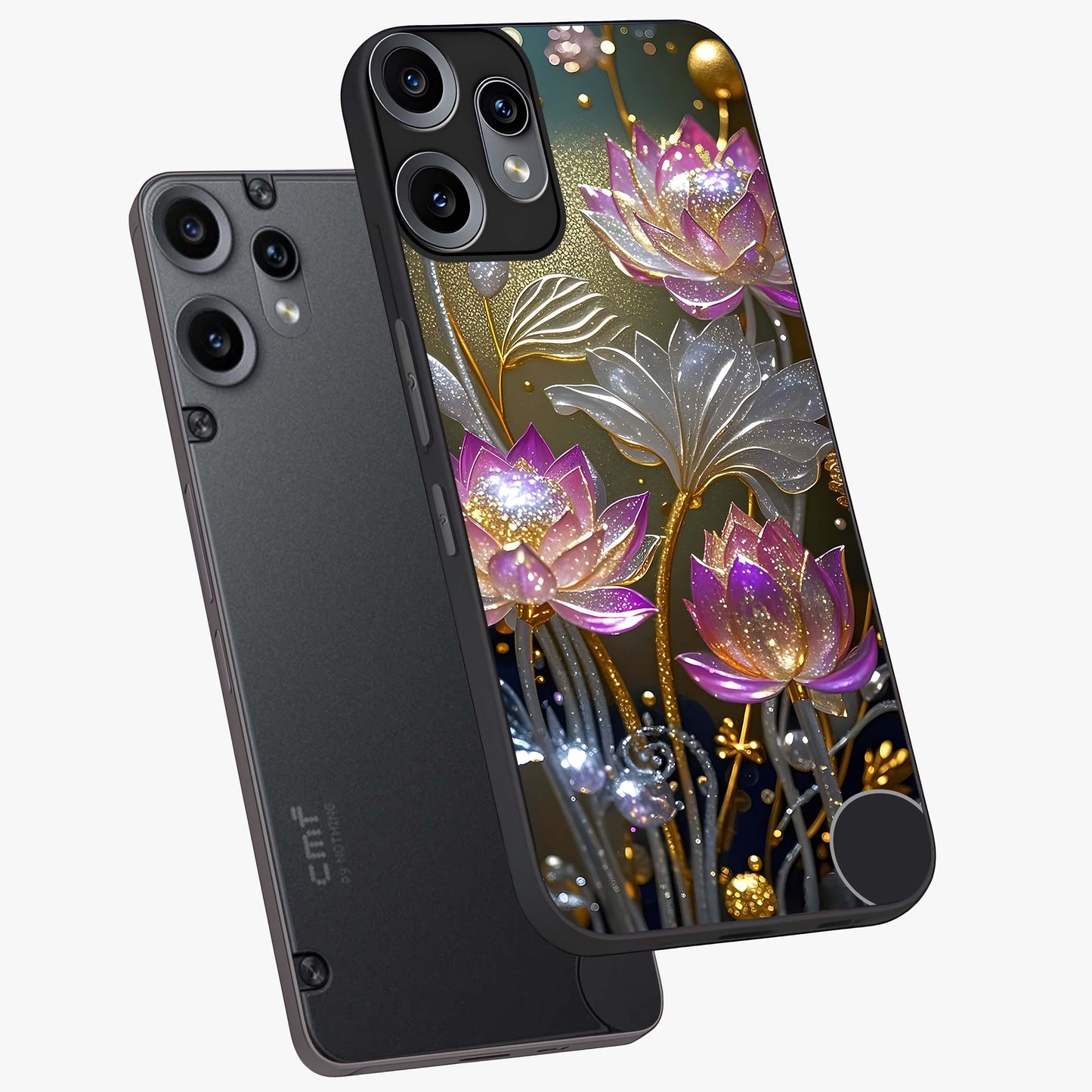 Golden Floral Majesty Glass Case displayed in angled mockup highlighting elegant flower design with royal golden aesthetic.