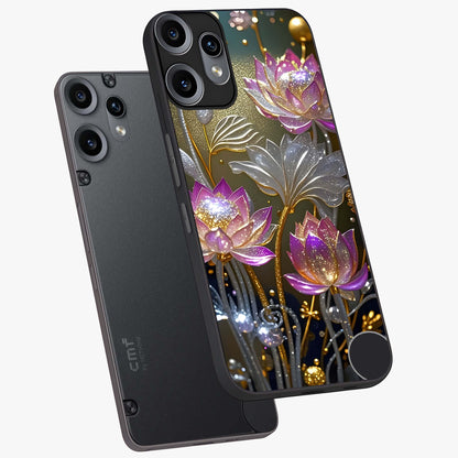 Golden Floral Majesty Glass Case displayed in angled mockup highlighting elegant flower design with royal golden aesthetic.