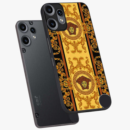 Golden Lotus Glow Glass Case displayed in angled mockup highlighting radiant lotus illustration with spiritual aesthetic.