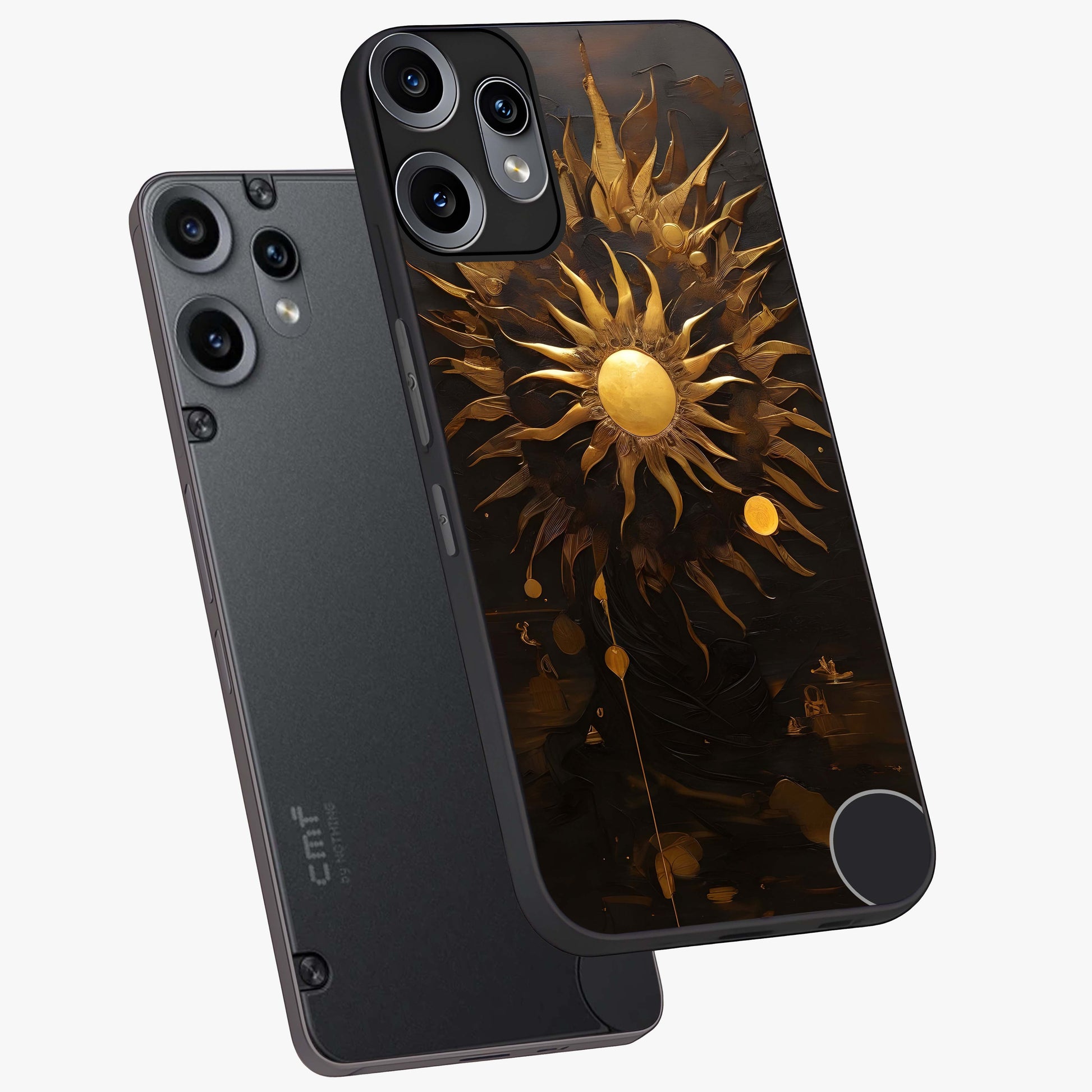 Golden Sun Majesty Glass Case displayed in angled mockup highlighting eerie shadow illustration with gothic aesthetic.