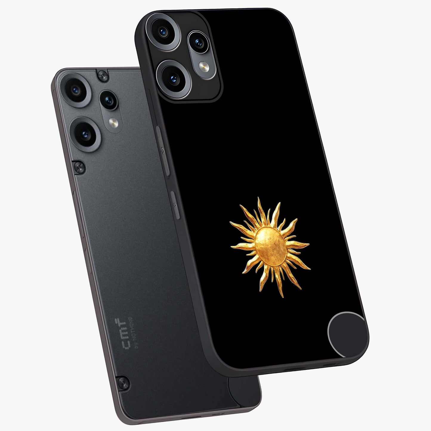 Golden Sun Minimalism Glass Case displayed in angled mockup highlighting eerie shadow illustration with gothic aesthetic.
