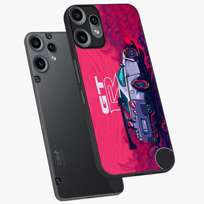 GT-R Car Pattern Glass Case displayed in angled mockup highlighting racing car graphic design with bold automotive aesthetic.