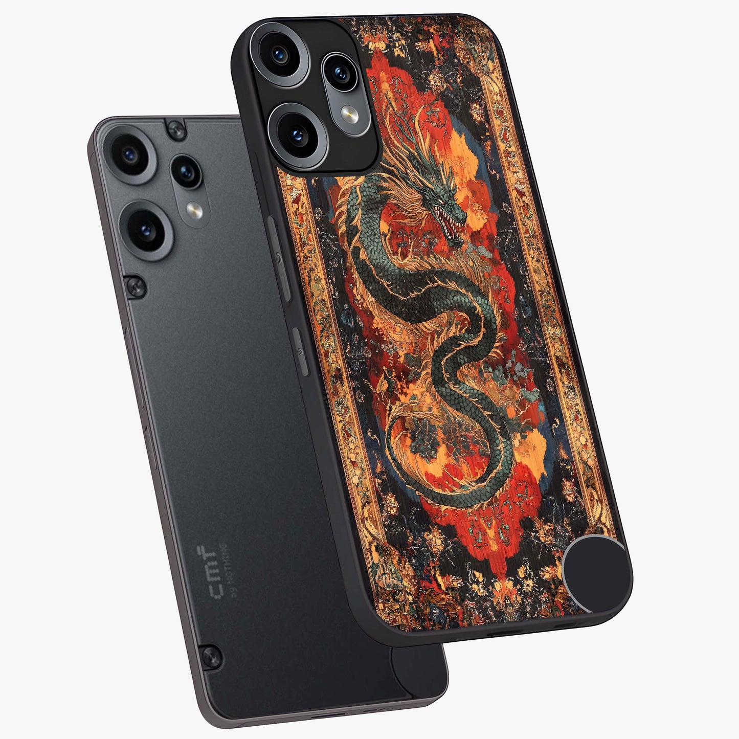 Inferno Dragon Soul Glass Case displayed in angled mockup highlighting powerful dragon illustration with inferno aesthetic.