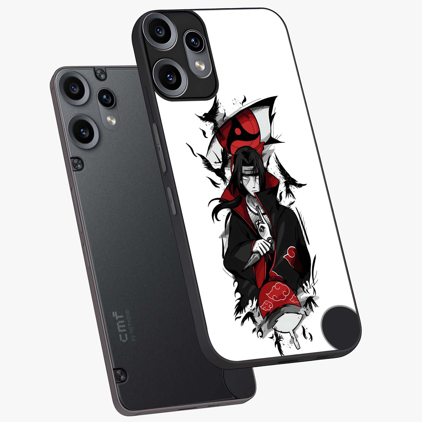 Itachi Limited Edition Naruto Anime Glass Case displayed in angled mockup highlighting dramatic anime illustration with bold action aesthetic.