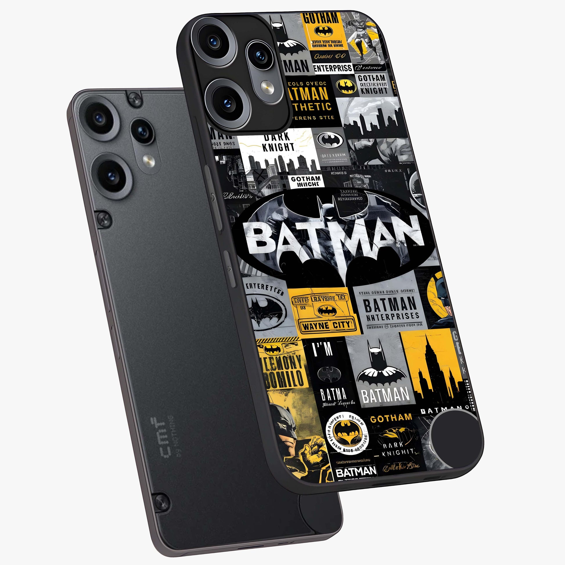 Knight Gotham Rise Glass Case displayed in angled mockup highlighting powerful knight silhouette design with dramatic aesthetic.