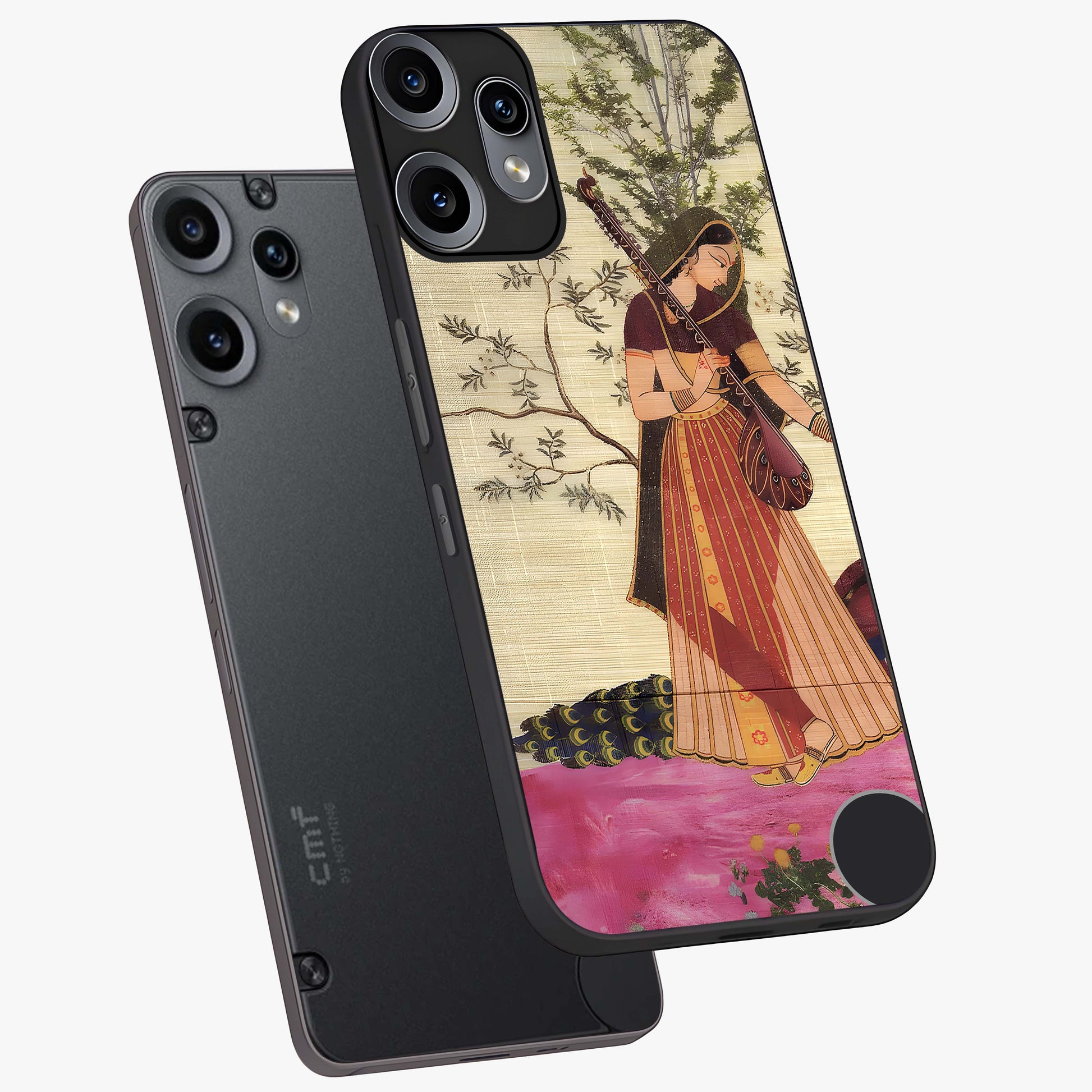 Lady With Veena Art Glass Case displayed in angled mockup highlighting graceful musical illustration with cultural artistic aesthetic.