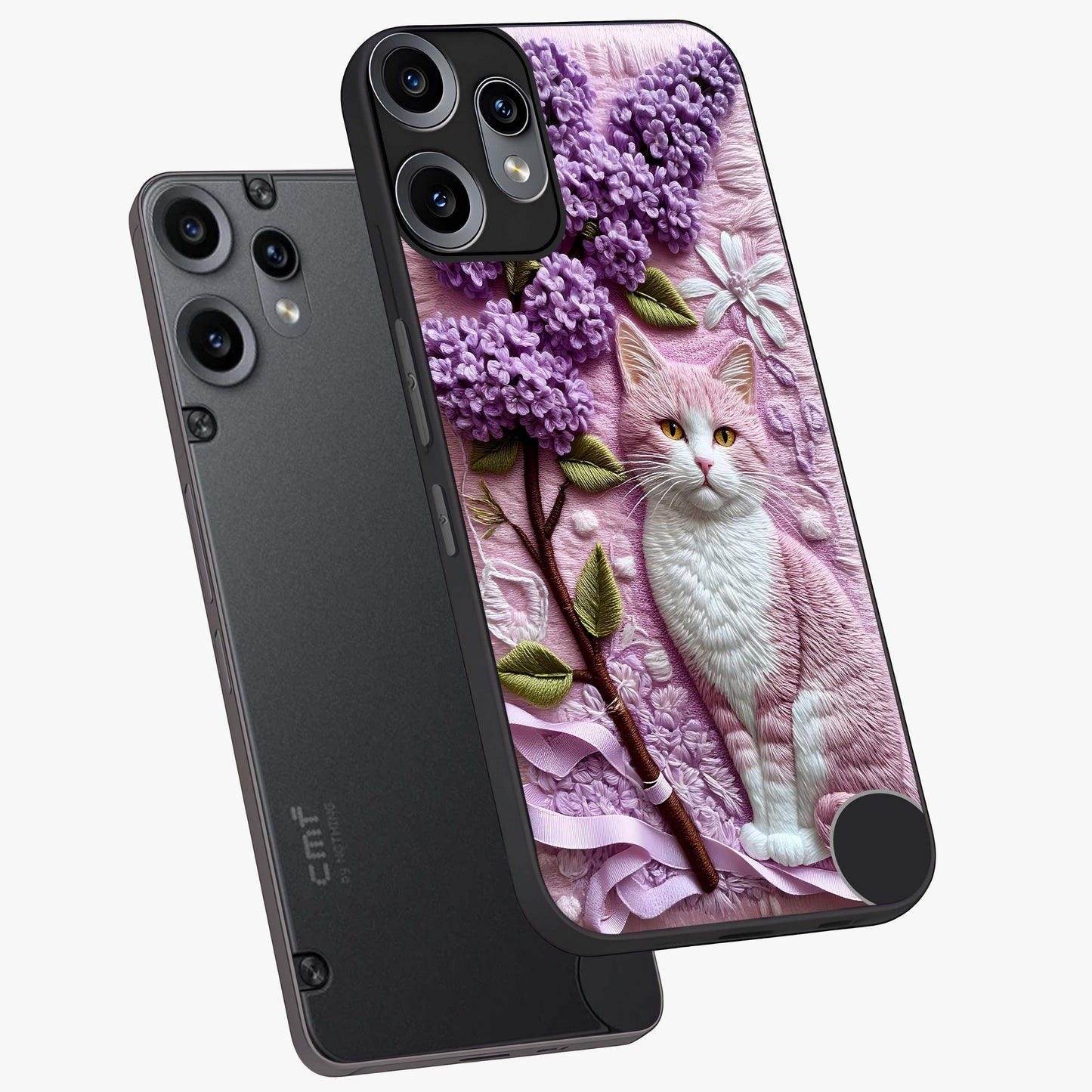 Lavender Cat Whimsy Glass Case displayed in angled mockup highlighting playful feline illustration with pastel lavender aesthetic.
