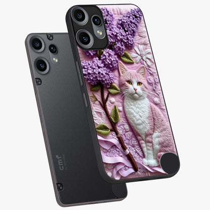 Lavender Cat Whimsy Glass Case displayed in angled mockup highlighting playful feline illustration with pastel lavender aesthetic.