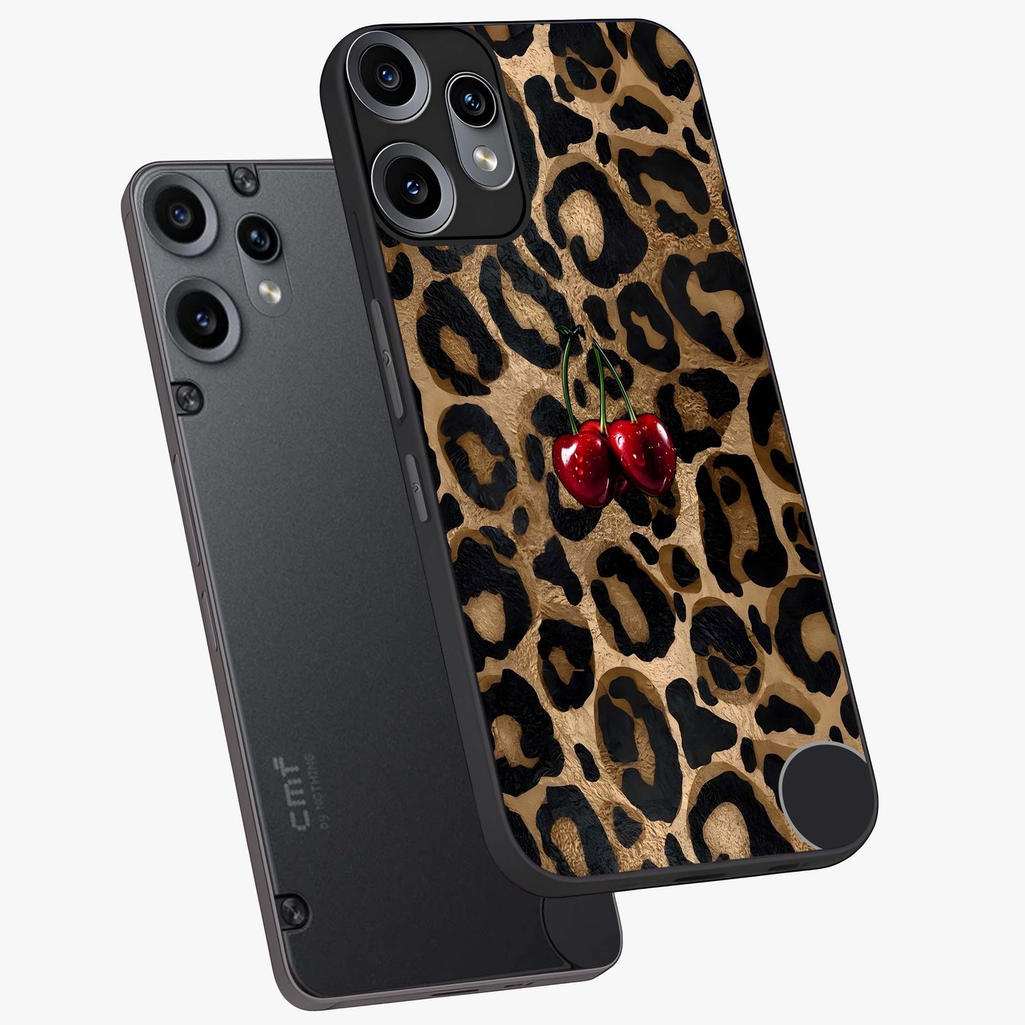 Leopard Wild Cherry Glass Case displayed in angled mockup highlighting bold animal print design with playful cherry aesthetic.