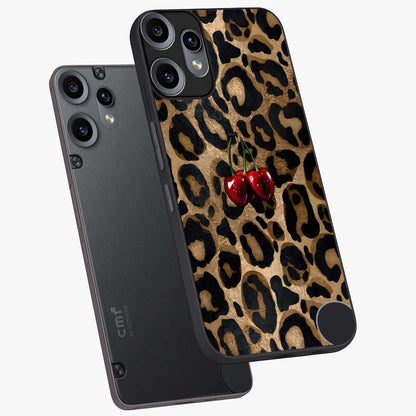 Leopard Wild Cherry Glass Case displayed in angled mockup highlighting bold animal print design with playful cherry aesthetic.