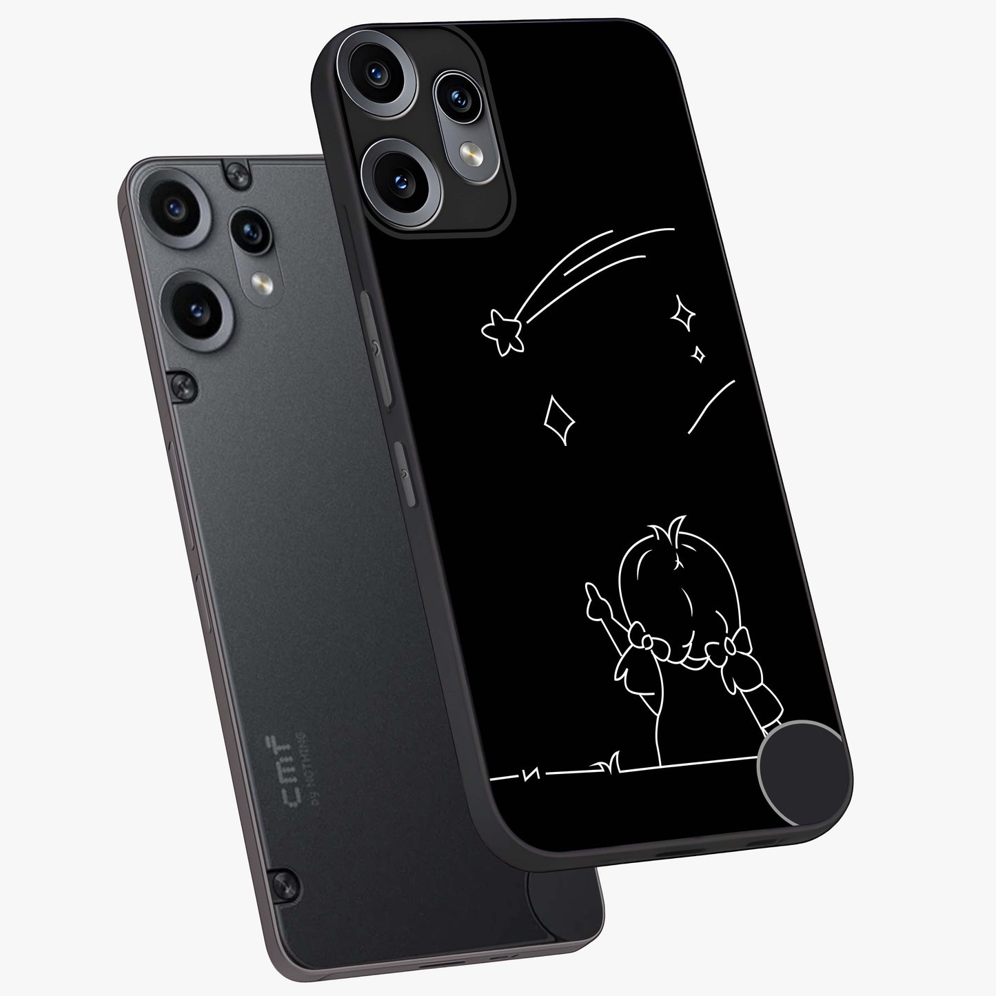 Line Art Girl With Shooting Stars Glass Case displayed in angled mockup highlighting elegant line art design with dreamy star aesthetic.