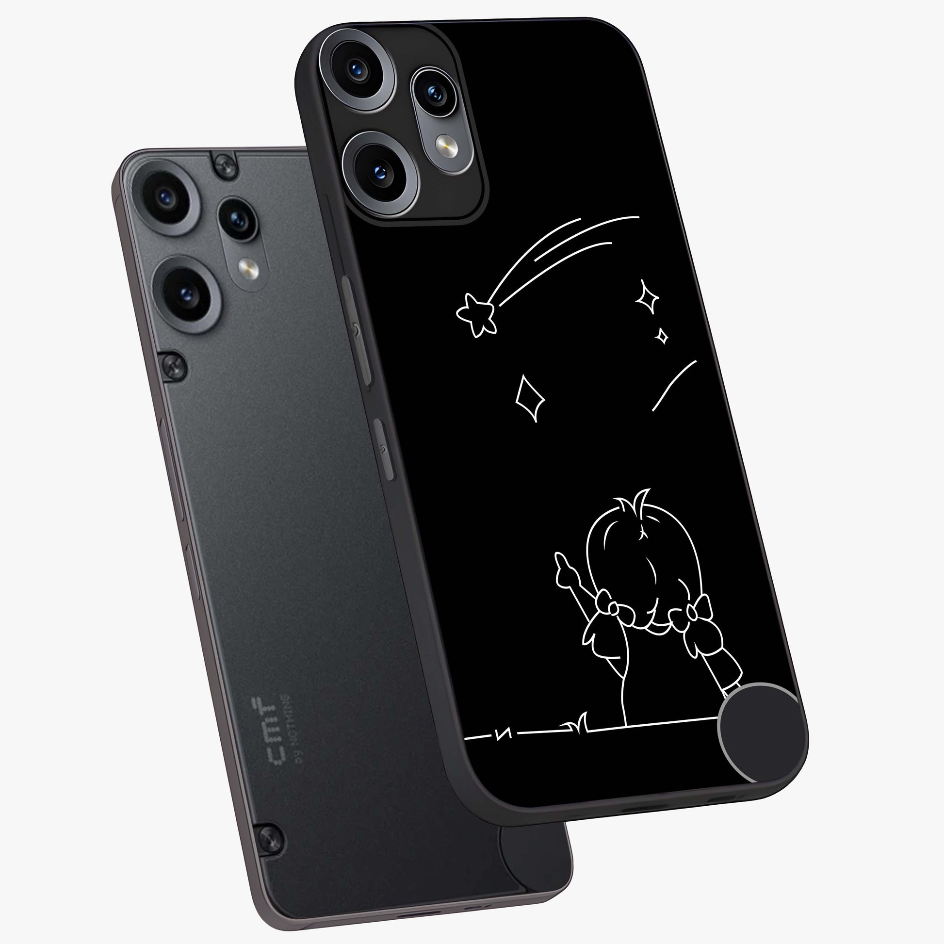 Line Art Girl With Shooting Stars Glass Case displayed in angled mockup highlighting elegant line art design with dreamy star aesthetic.