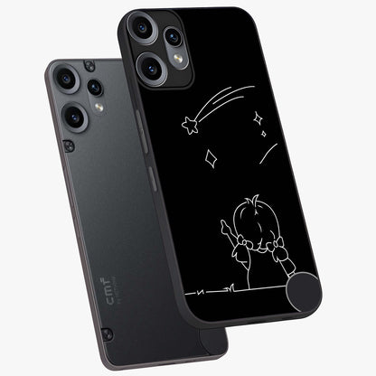 Line Art Girl With Shooting Stars Glass Case displayed in angled mockup highlighting elegant line art design with dreamy star aesthetic.