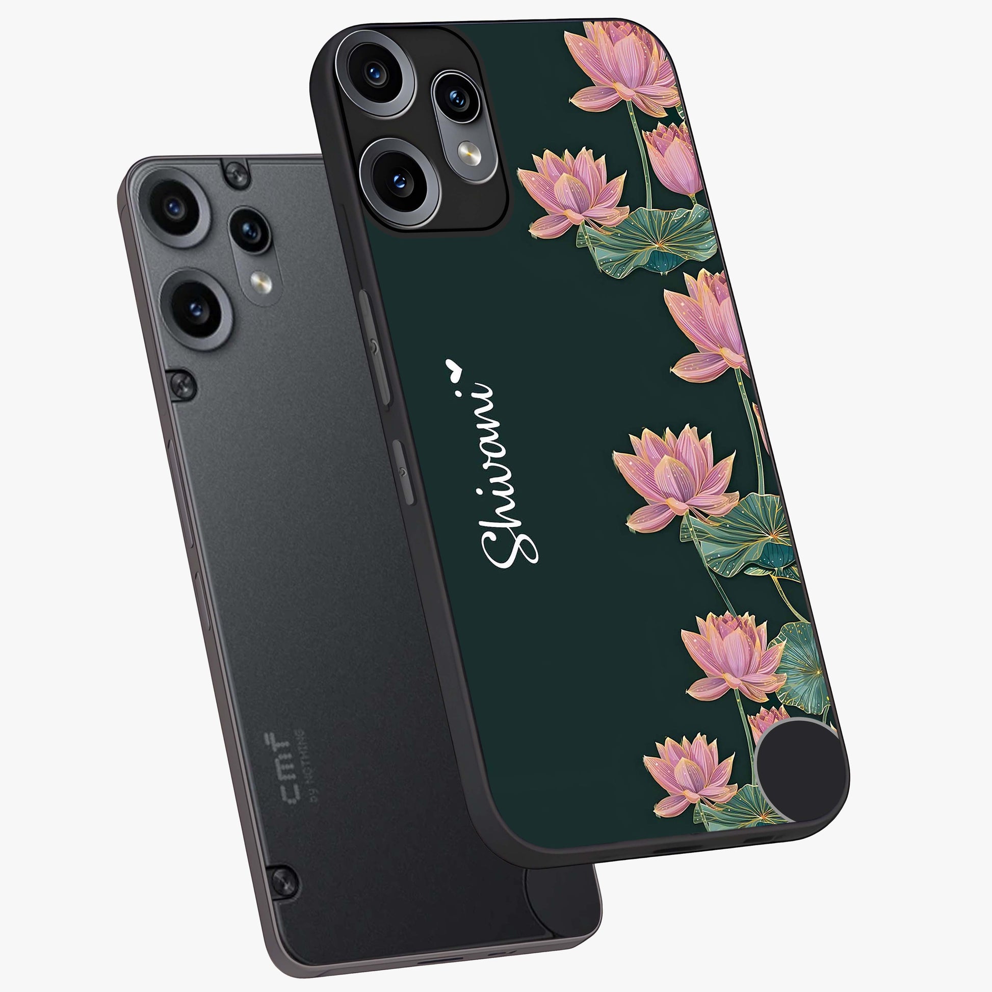 Lotus Bloom Serenity Custom Name Glass Case displayed in angled mockup highlighting graceful lotus illustration with custom name feature.
