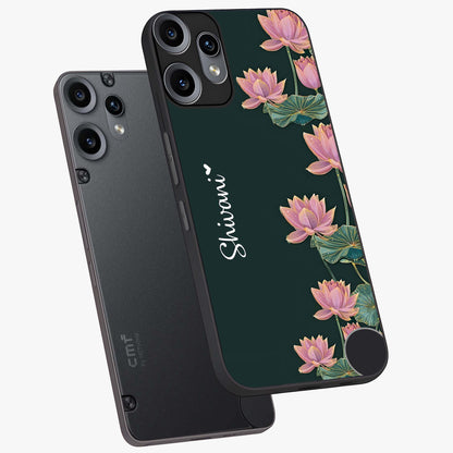 Lotus Bloom Serenity Custom Name Glass Case displayed in angled mockup highlighting graceful lotus illustration with custom name feature.