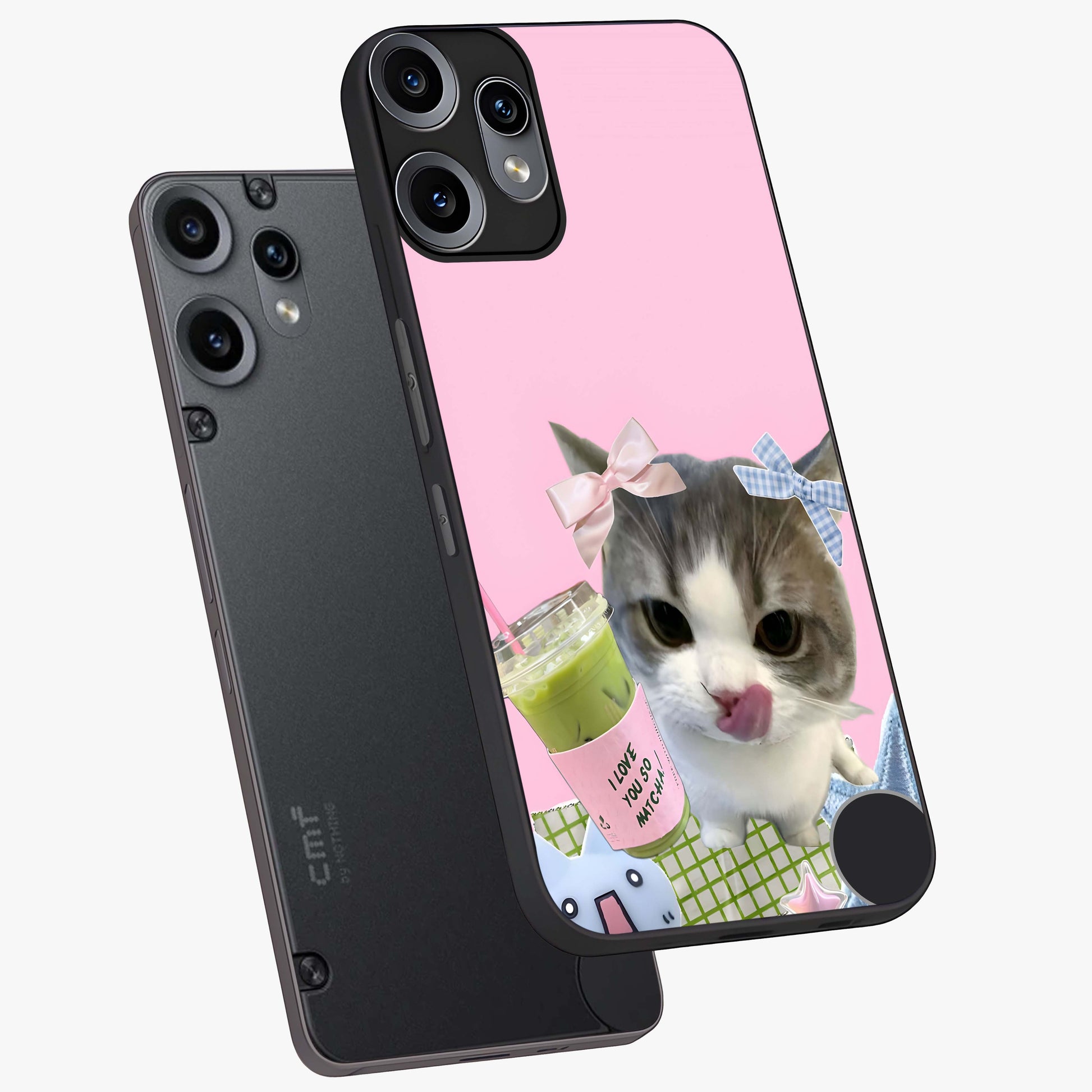 Love Matcha Cat Glass Case displayed in angled mockup highlighting playful feline illustration with cozy matcha aesthetic.