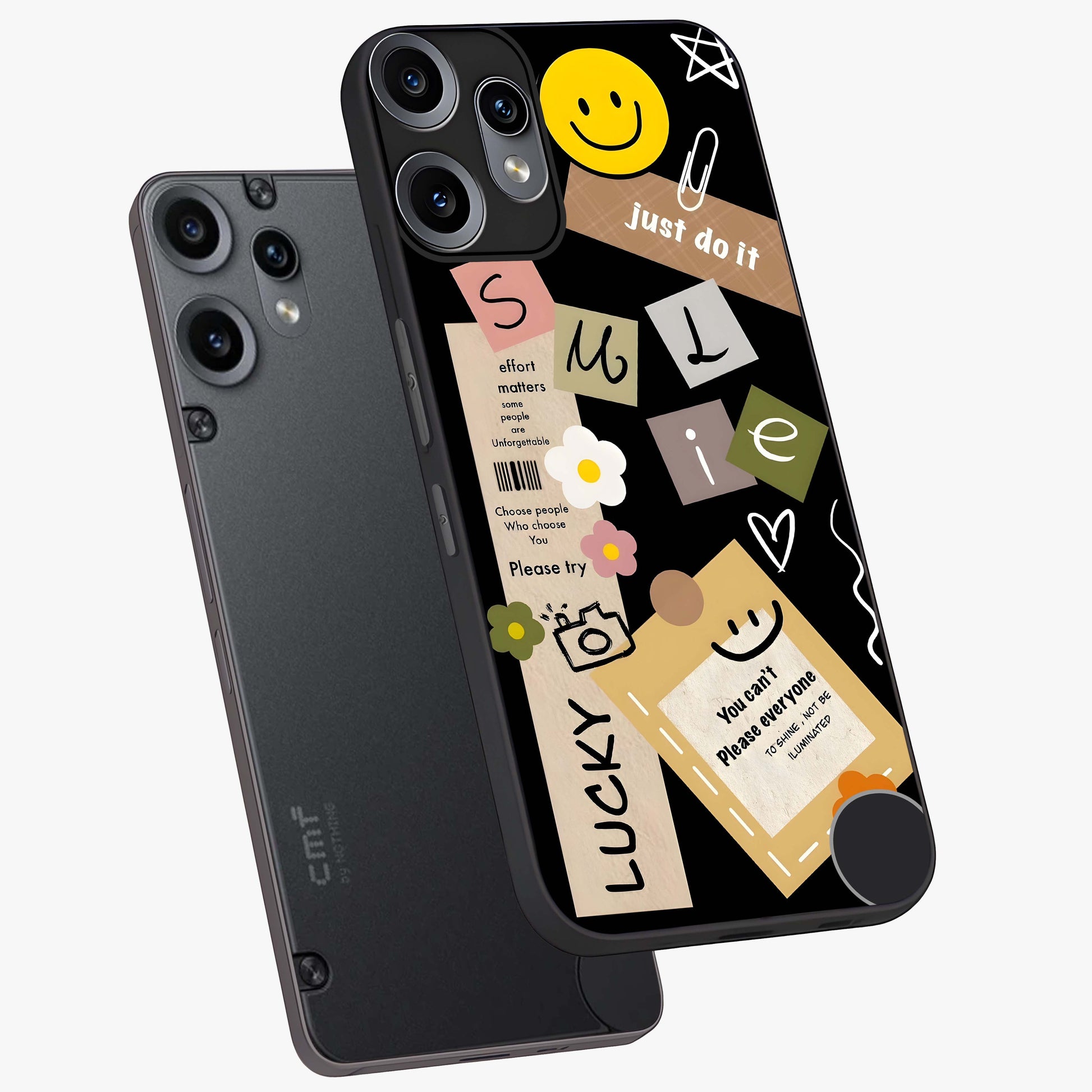 Lucky Aesthetic Collage Glass Case displayed in angled mockup highlighting stylish collage pattern with modern aesthetic vibe.