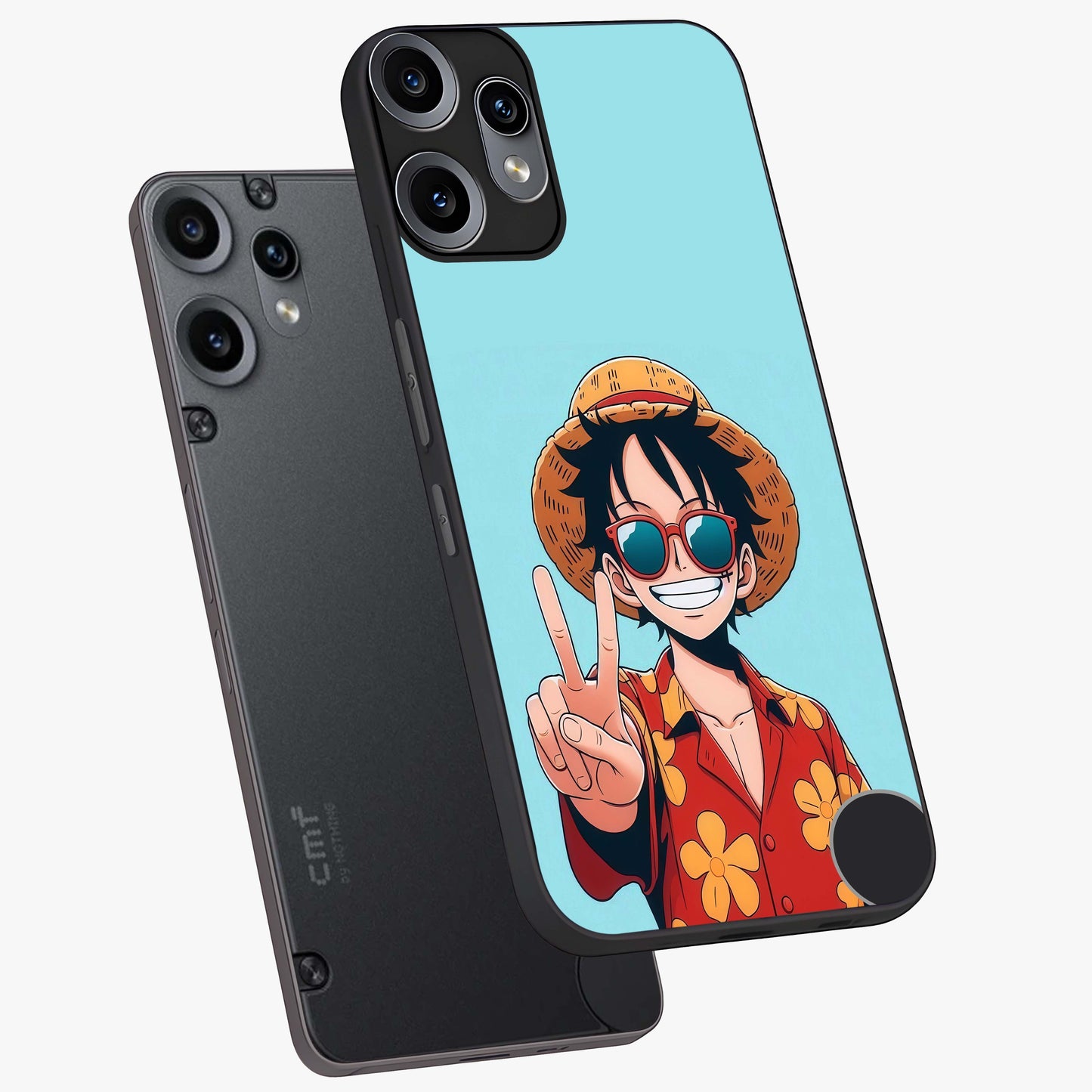 Luffy Summer Anime Vibe Glass Case displayed in angled mockup highlighting energetic anime illustration with summer vibe aesthetic.