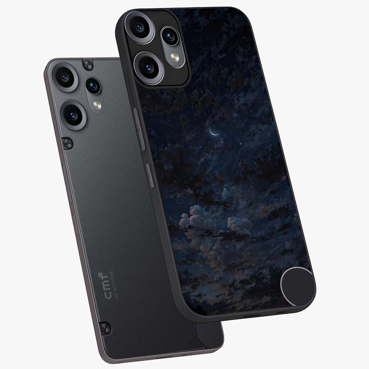 Lunar Veil Silence Glass Case displayed in angled mockup highlighting soft lunar design with peaceful celestial aesthetic.