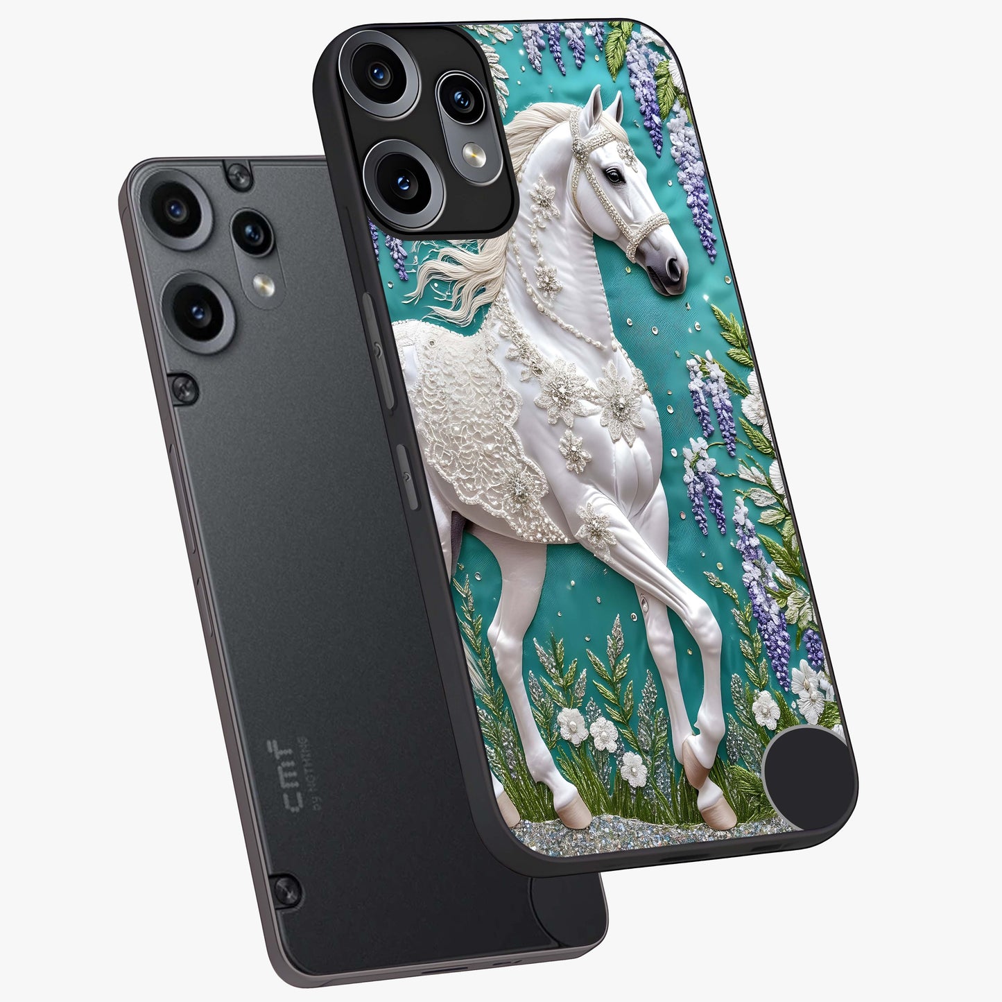 Majestic Floral Stallion Glass Case displayed in angled mockup highlighting majestic stallion illustration with elegant floral aesthetic.