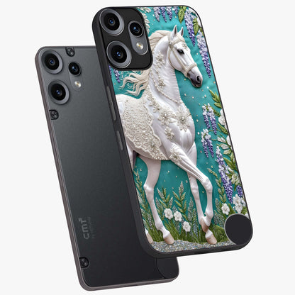 Majestic Floral Stallion Glass Case displayed in angled mockup highlighting majestic stallion illustration with elegant floral aesthetic.