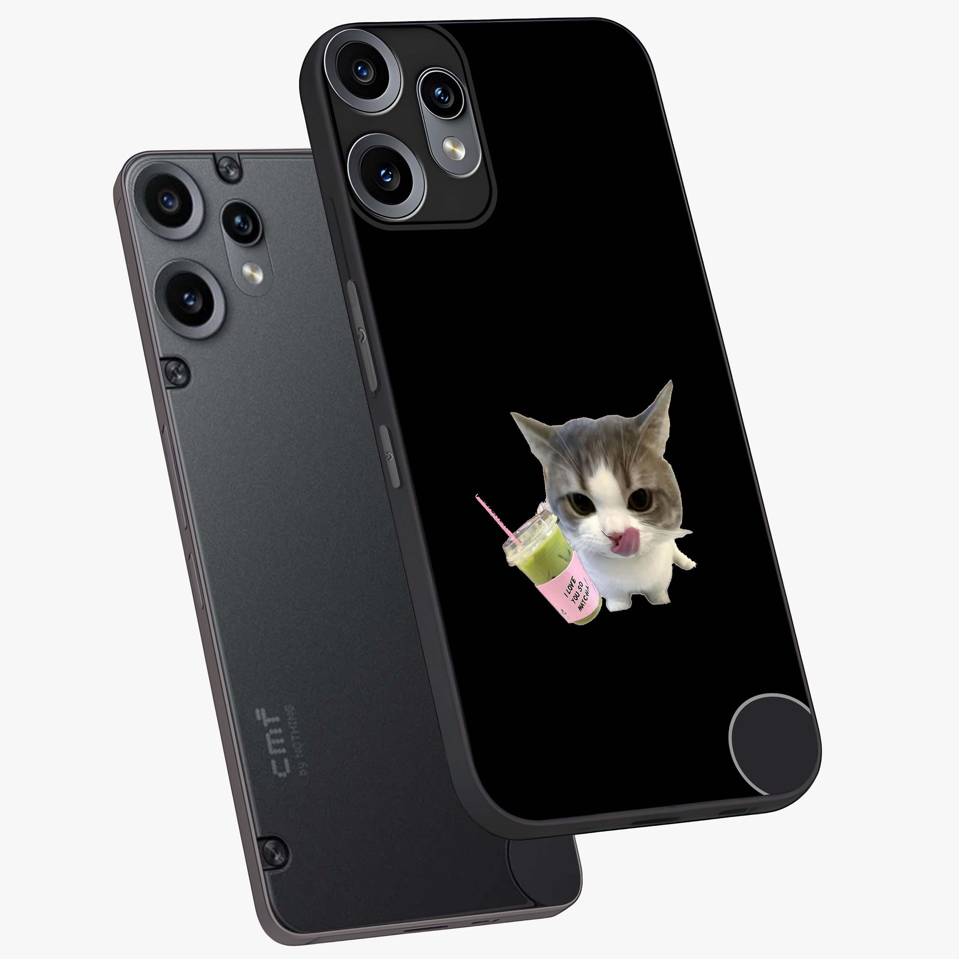 Matcha Cat Style Glass Case displayed in angled mockup highlighting playful feline design with pastel matcha aesthetic.