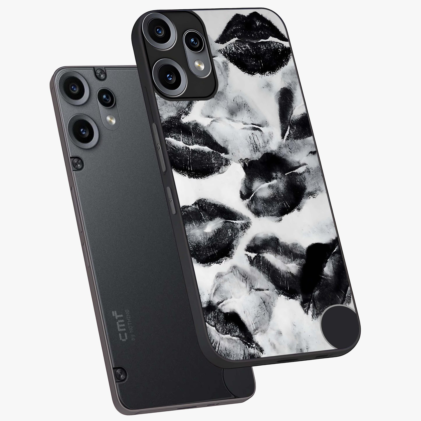 Midnight Kiss Marks Glass Case displayed in angled mockup highlighting playful romantic design with bold midnight aesthetic.