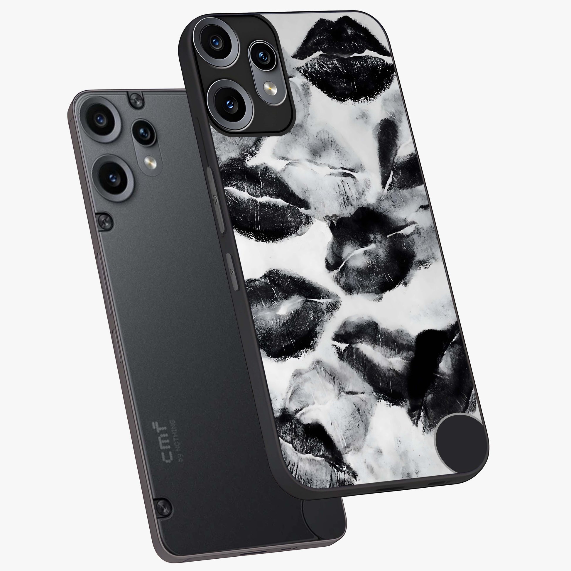 Midnight Kiss Marks Glass Case displayed in angled mockup highlighting playful romantic design with bold midnight aesthetic.