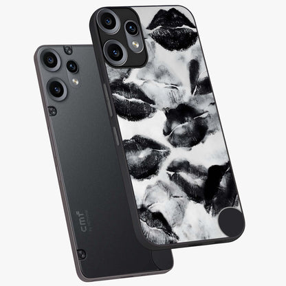 Midnight Kiss Marks Glass Case displayed in angled mockup highlighting playful romantic design with bold midnight aesthetic.