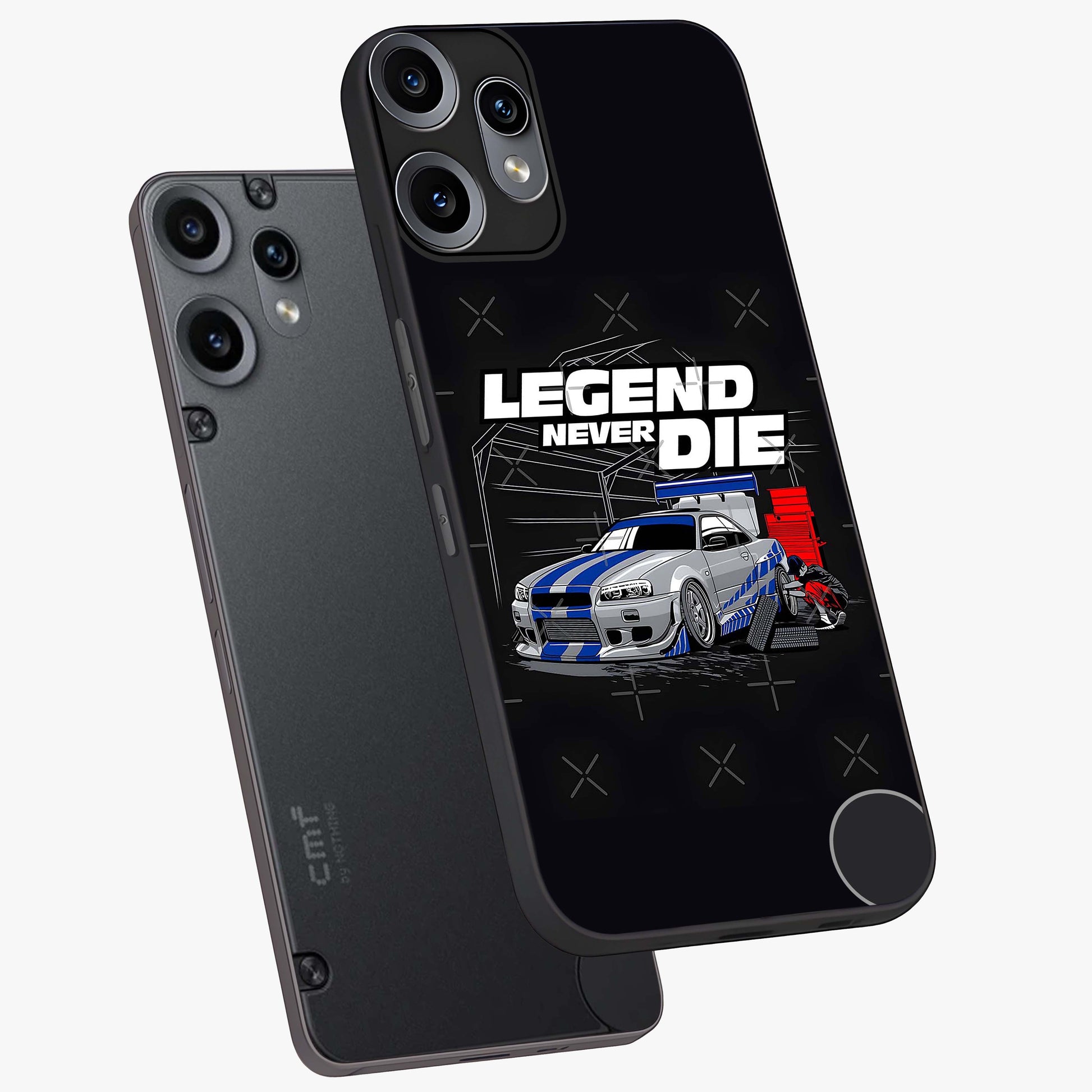Midnight Racing Legacy Glass Case displayed in angled mockup highlighting dynamic automotive design with bold midnight aesthetic.