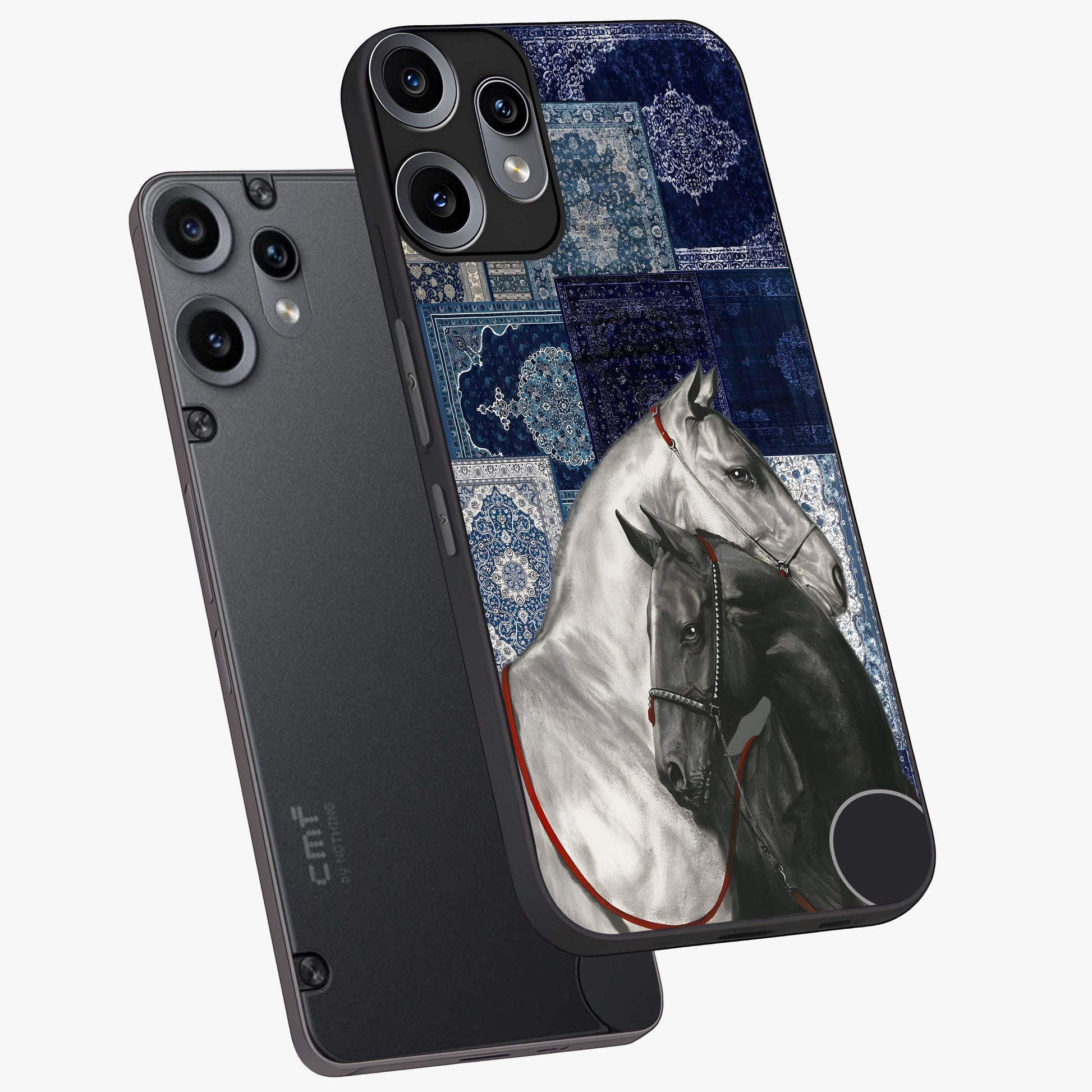 Midnight Stallion Blues Glass Case displayed in angled mockup highlighting powerful stallion illustration with deep midnight tones.