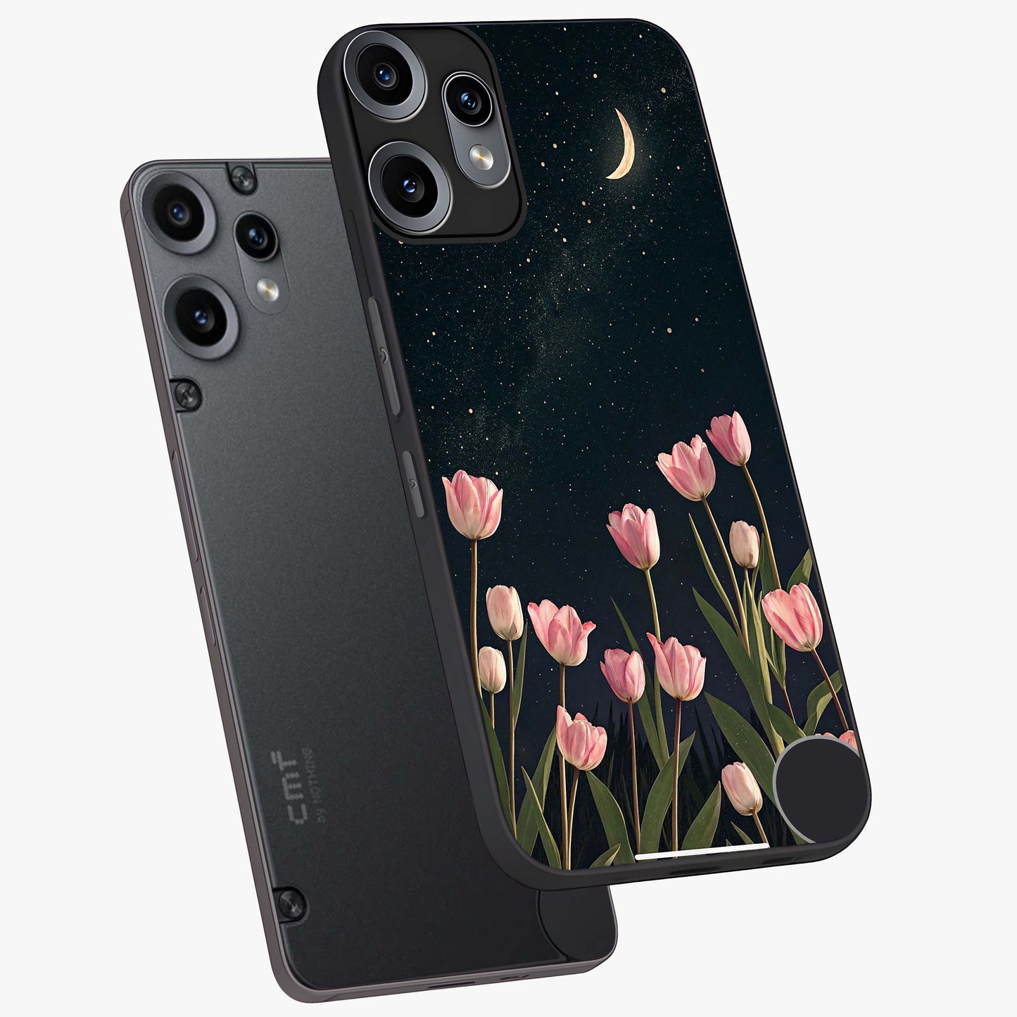 Midnight Tulip Whispers Vibe Glass Case displayed in angled mockup highlighting delicate tulip design with midnight floral aesthetic.