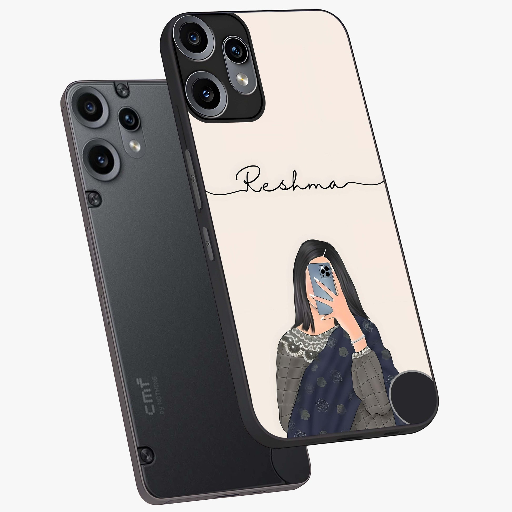 Mirror Mood Muse With Custom Name Glass Case displayed in angled mockup highlighting aesthetic mirror inspired design with custom name feature.