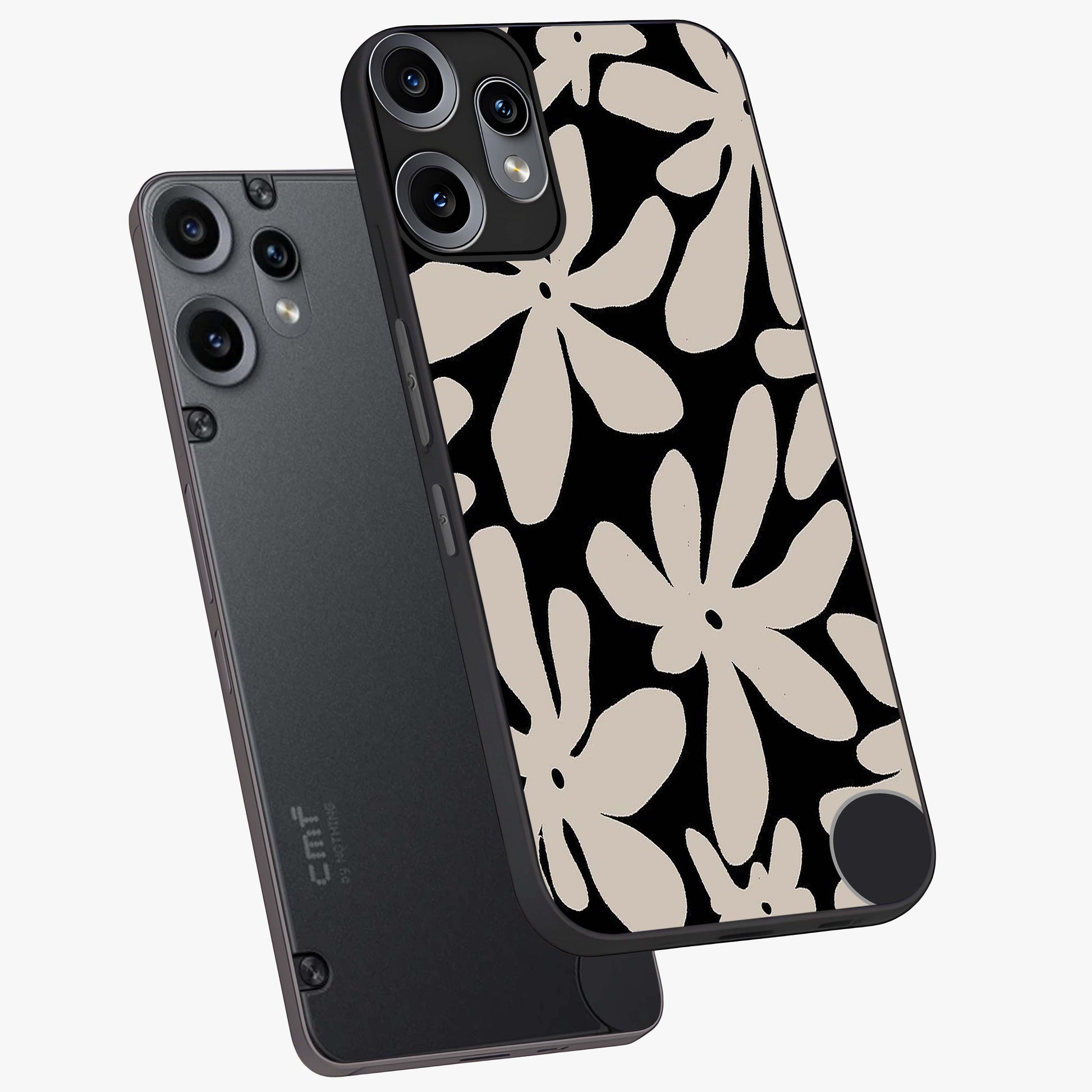 Monochrome Petal Dance Glass Case displayed in angled mockup highlighting elegant petal design with black and white aesthetic.