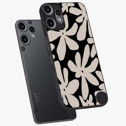 Monochrome Petal Dance Glass Case displayed in angled mockup highlighting elegant petal design with black and white aesthetic.