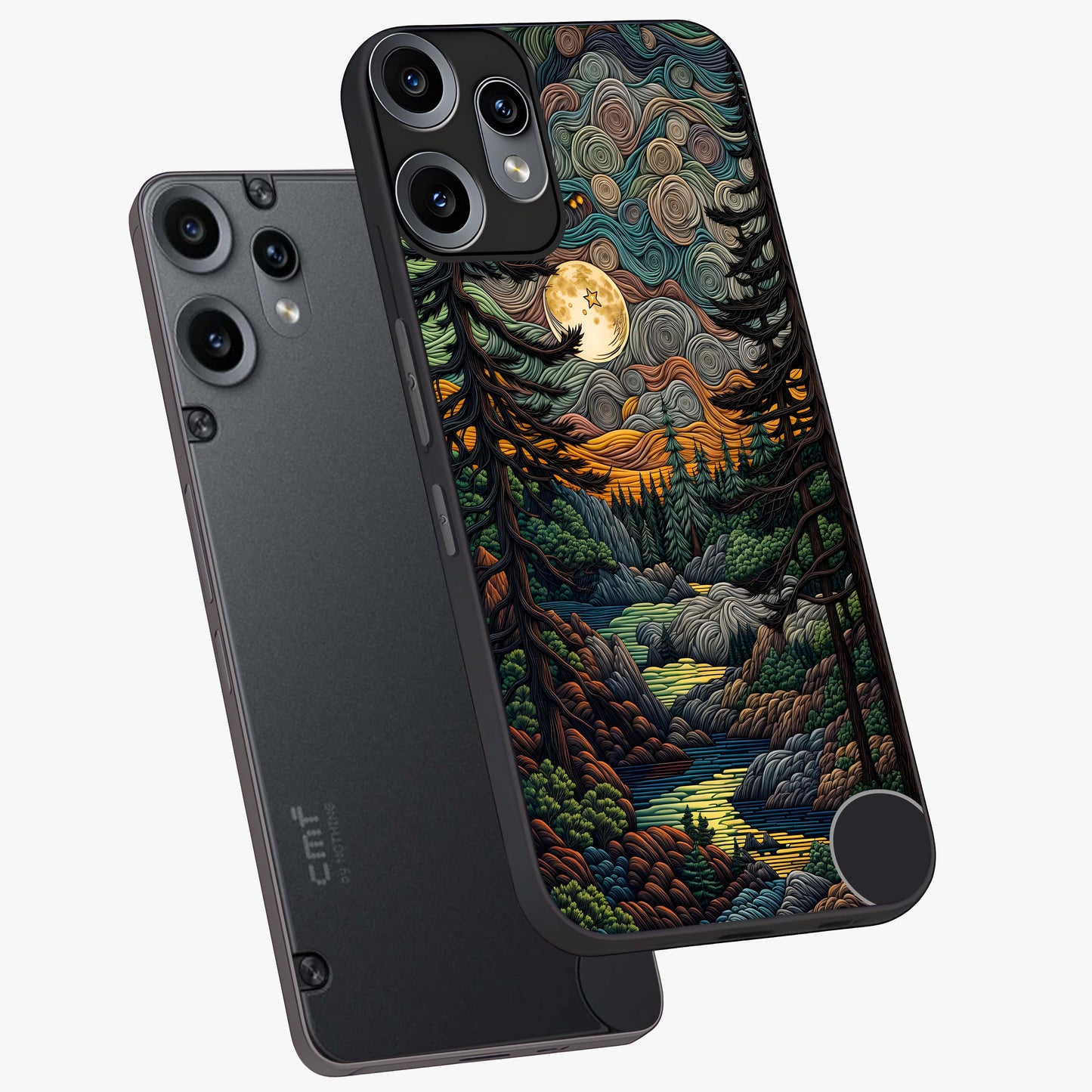 Moonlight Forest Dream Glass Case displayed in angled mockup highlighting dreamy forest design with glowing moon aesthetic.