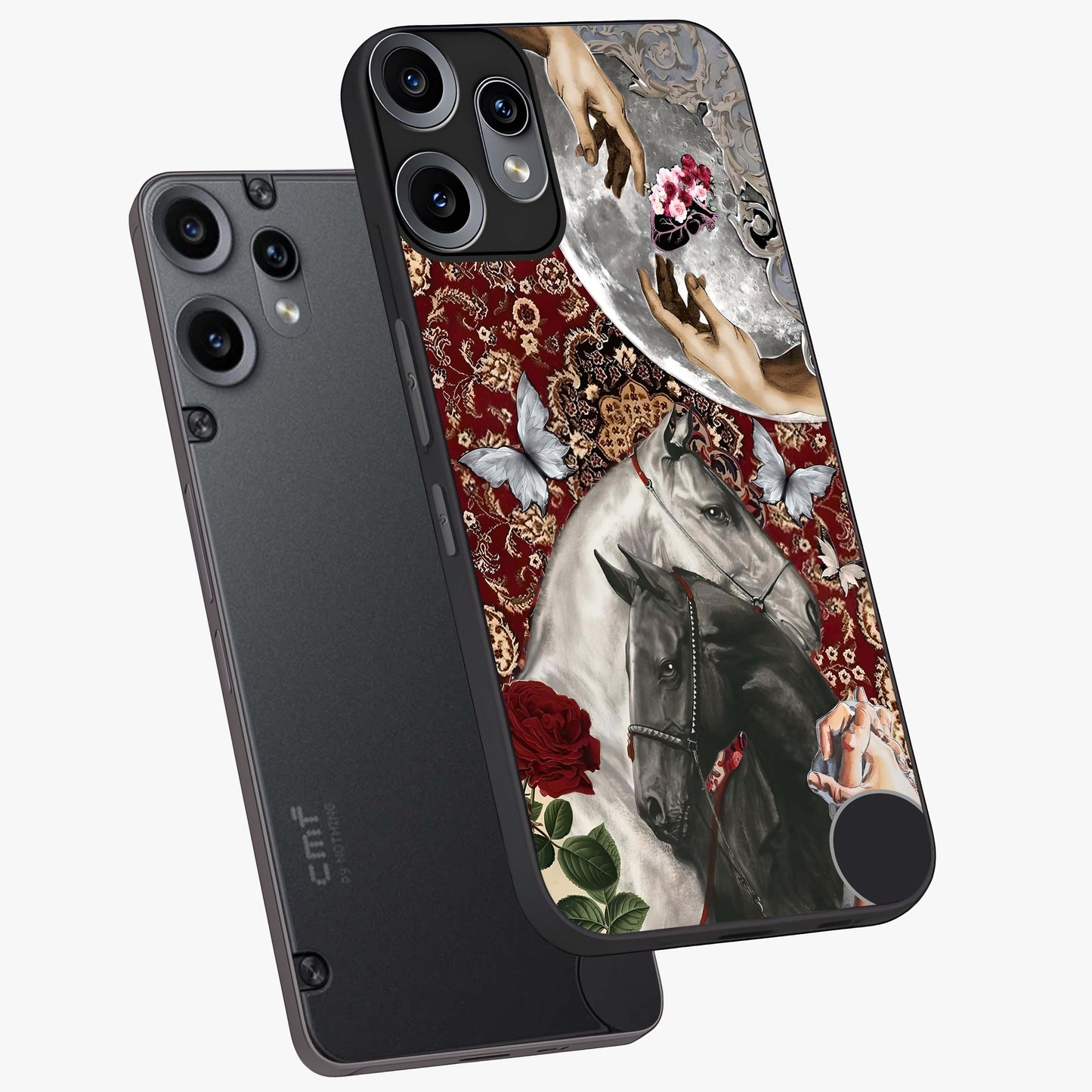 Moonlit Royal Stallion Glass Case displayed in angled mockup highlighting powerful stallion illustration with royal night aesthetic.