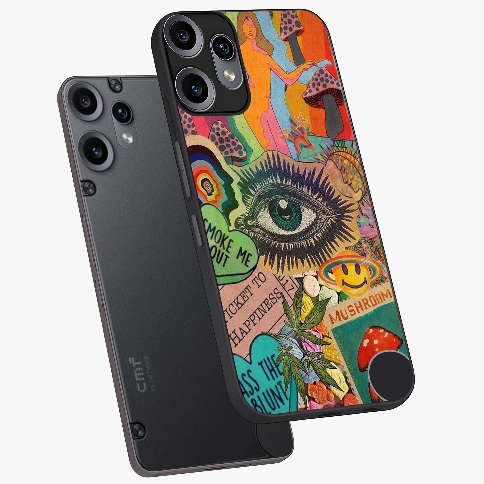 Mystic Eye Wonderland Glass Case displayed in angled mockup highlighting magical eye illustration with dreamy aesthetic.