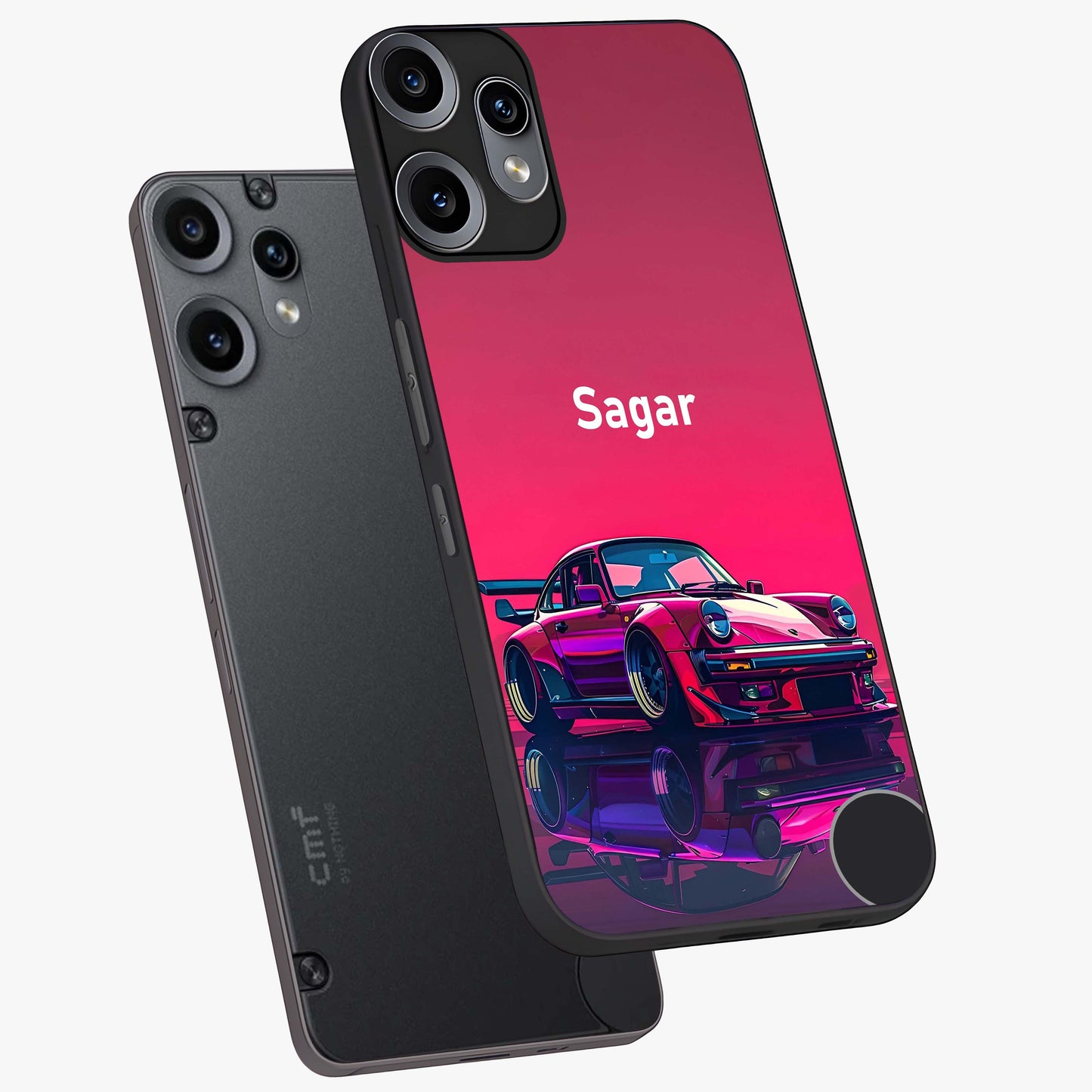 Neon Pink Porsche Glass Case displayed in angled mockup highlighting sleek neon pink car design with racing aesthetic.