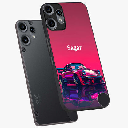 Neon Pink Porsche Glass Case displayed in angled mockup highlighting sleek neon pink car design with racing aesthetic.