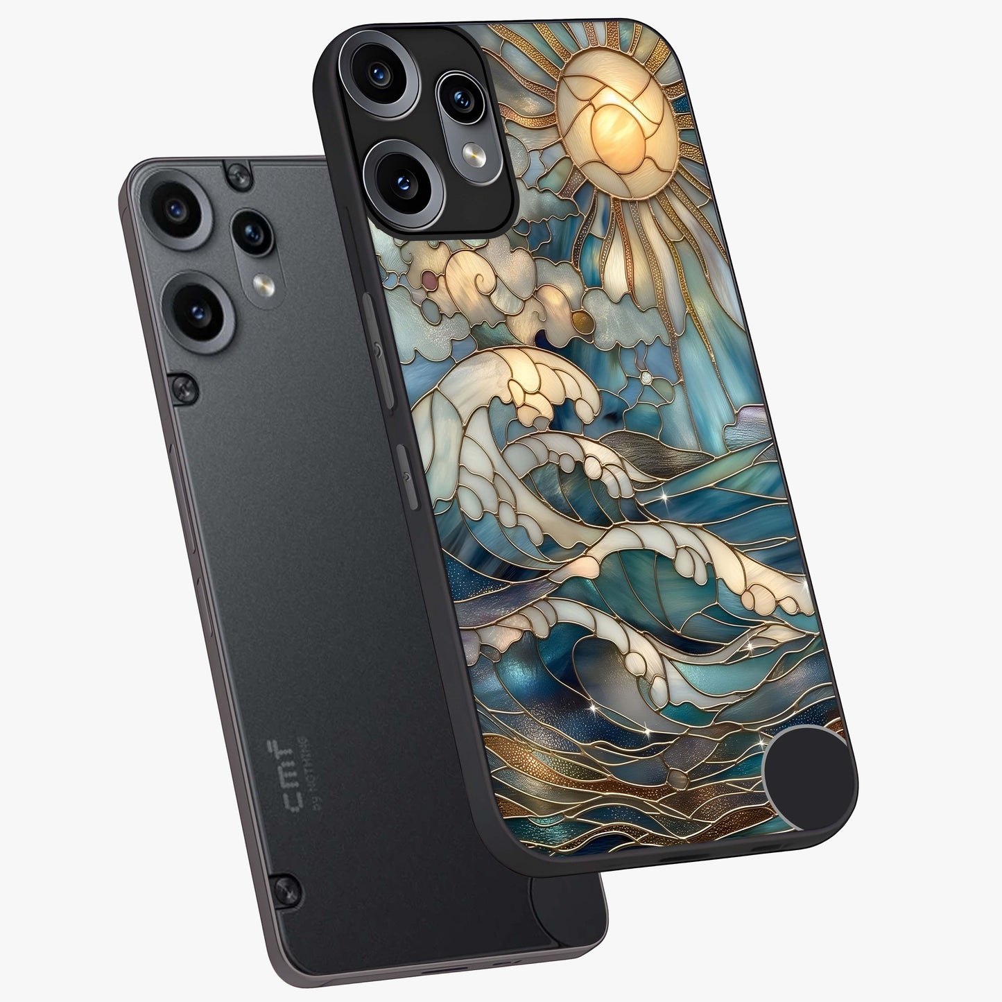 Oceanic Stained Printed Glass Case displayed in angled mockup highlighting colorful aquatic design with artistic aesthetic style.