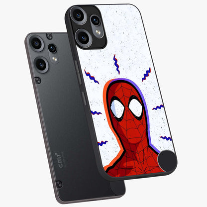 Omg Spiderman Glass Case displayed in angled mockup highlighting dynamic hero illustration with action comic aesthetic.