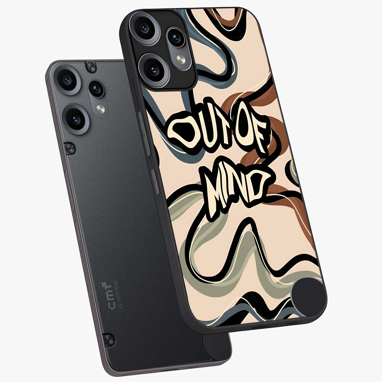 Out Of Mind Glass Case displayed in angled mockup highlighting bold statement design with modern artistic aesthetic.