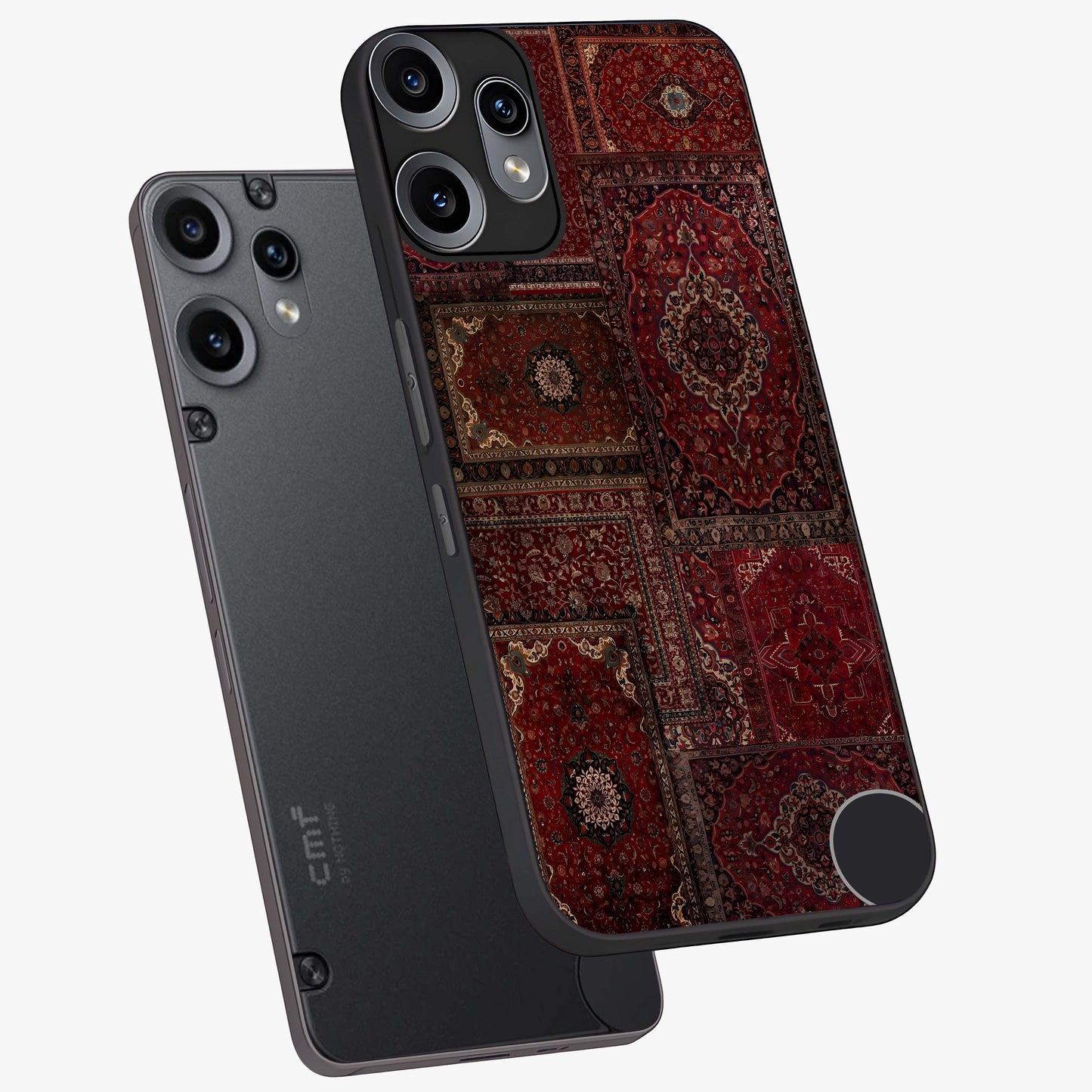 Persian Velvet Tale Glass Case displayed in angled mockup highlighting ornate textile inspired design with royal aesthetic.