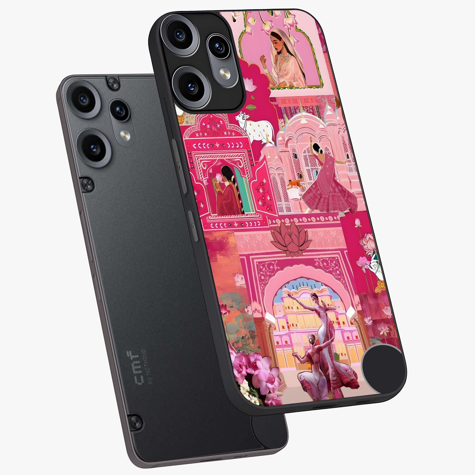 Pink Palace Muse Glass Case displayed in angled mockup highlighting dreamy palace illustration with soft pink aesthetic.