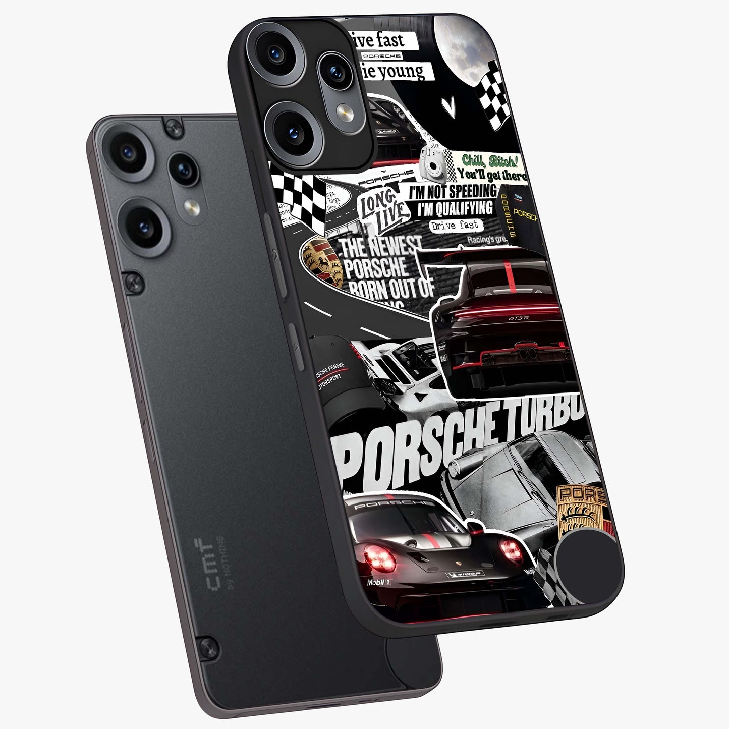 Porsche Racing Collage Glass Case displayed in angled mockup highlighting dynamic automotive design with bold racing aesthetic.